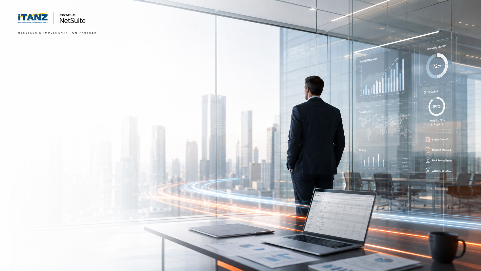 iTANZ and Oracle NetSuite procure-to-pay workflow: request, review, approval, execution and completion with pending purchase order, invoice and contract approvals